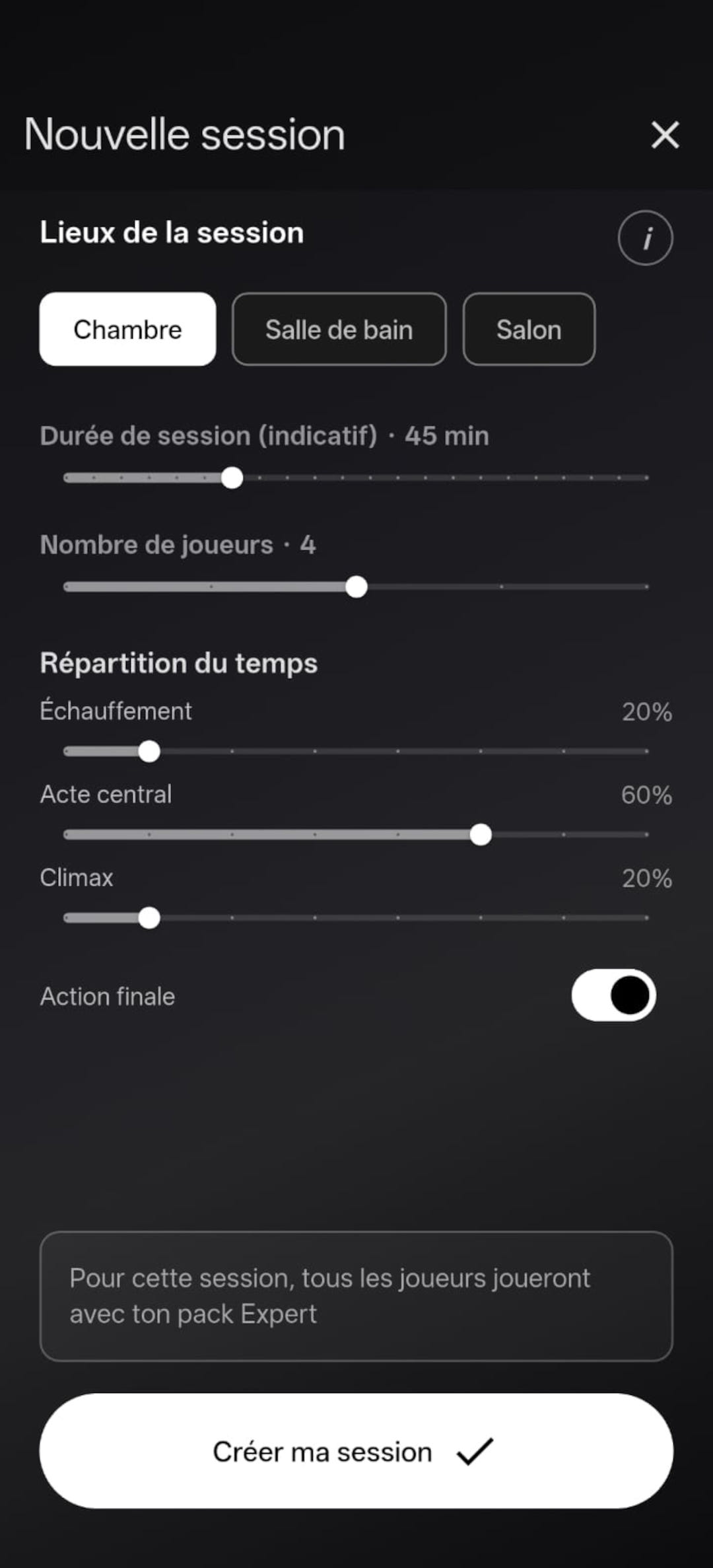 Écran de création de session Amoris Play