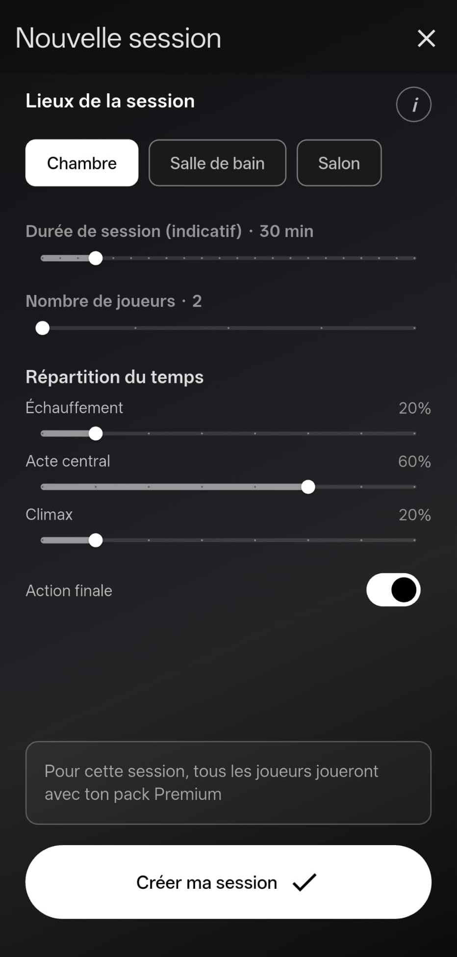 Écran de création de session Amoris Vibe