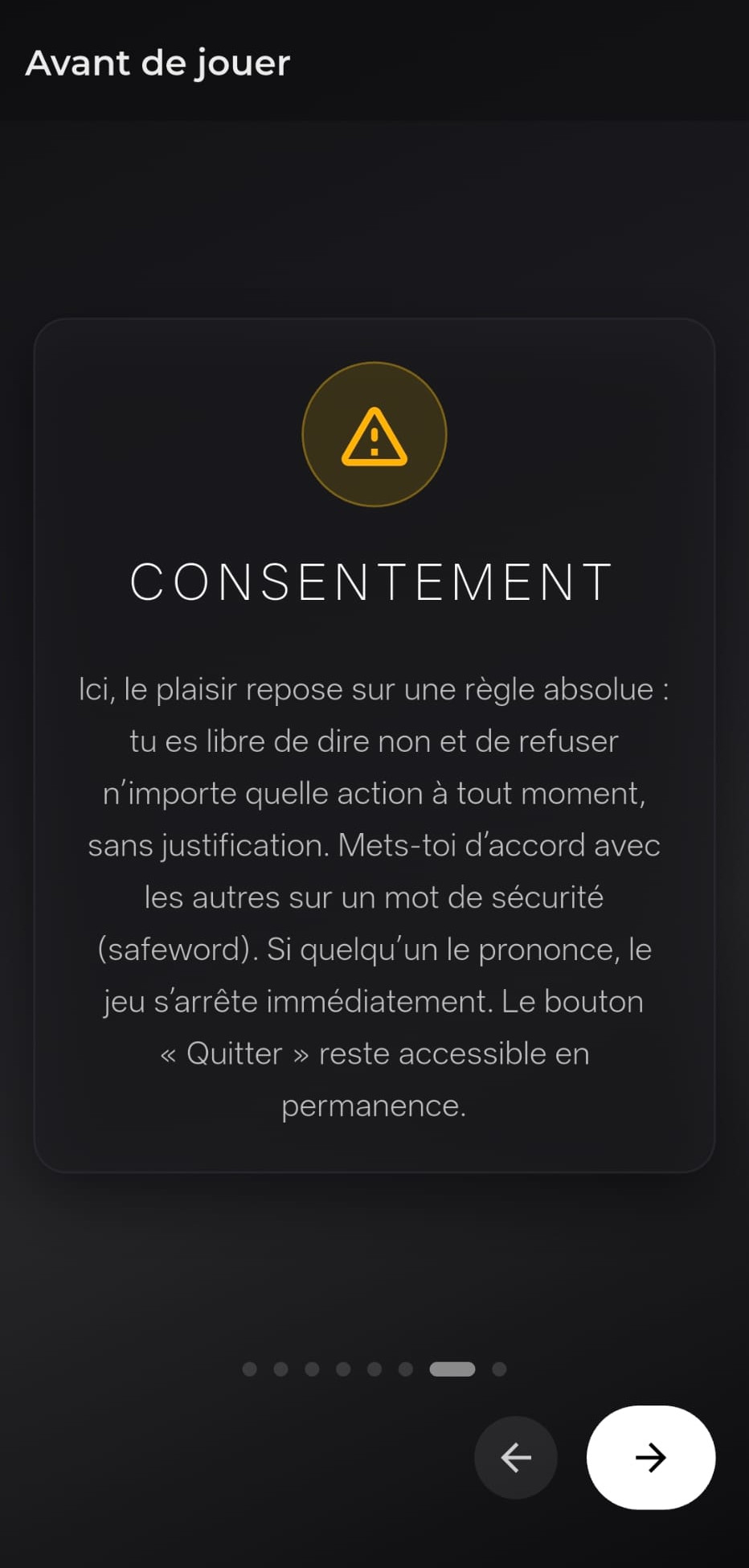 Slide consentement dans l’application Amoris Vibe