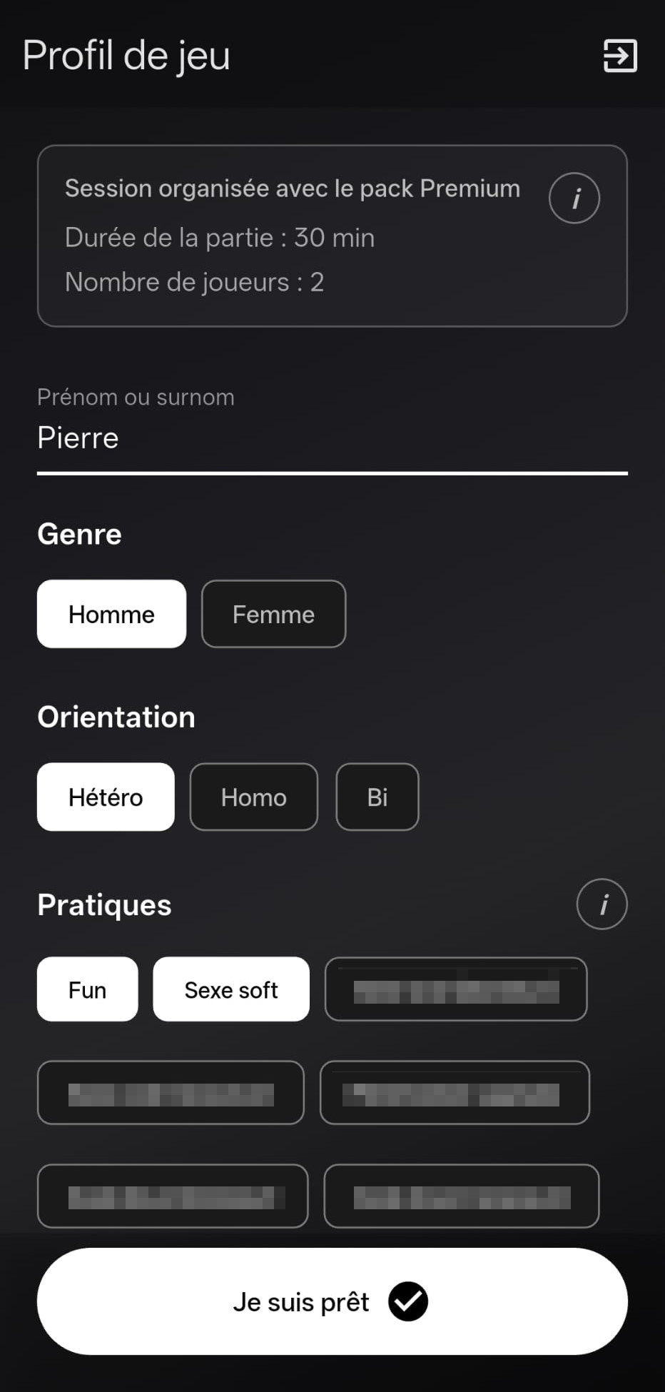 Écran de profil de jeu Amoris Vibe